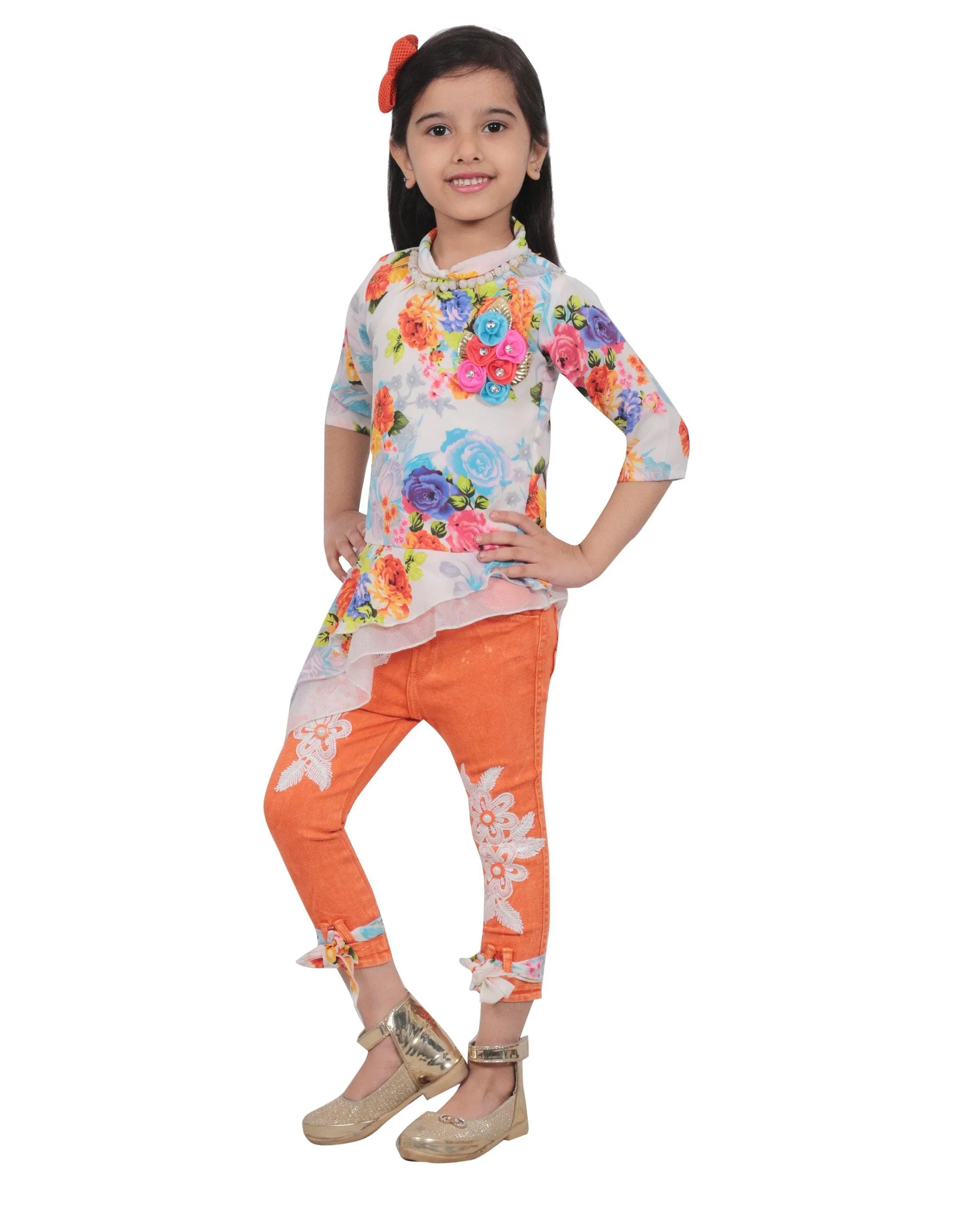 Ahhaaaa Kids Floral Top and Ankle Length Jeans for Girls