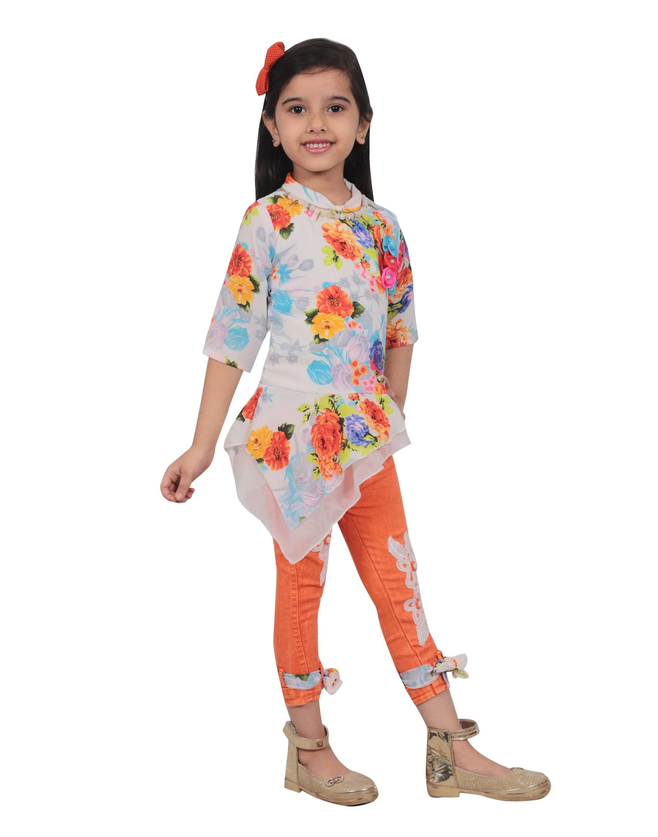 Ahhaaaa Kids Floral Top and Ankle Length Jeans for Girls