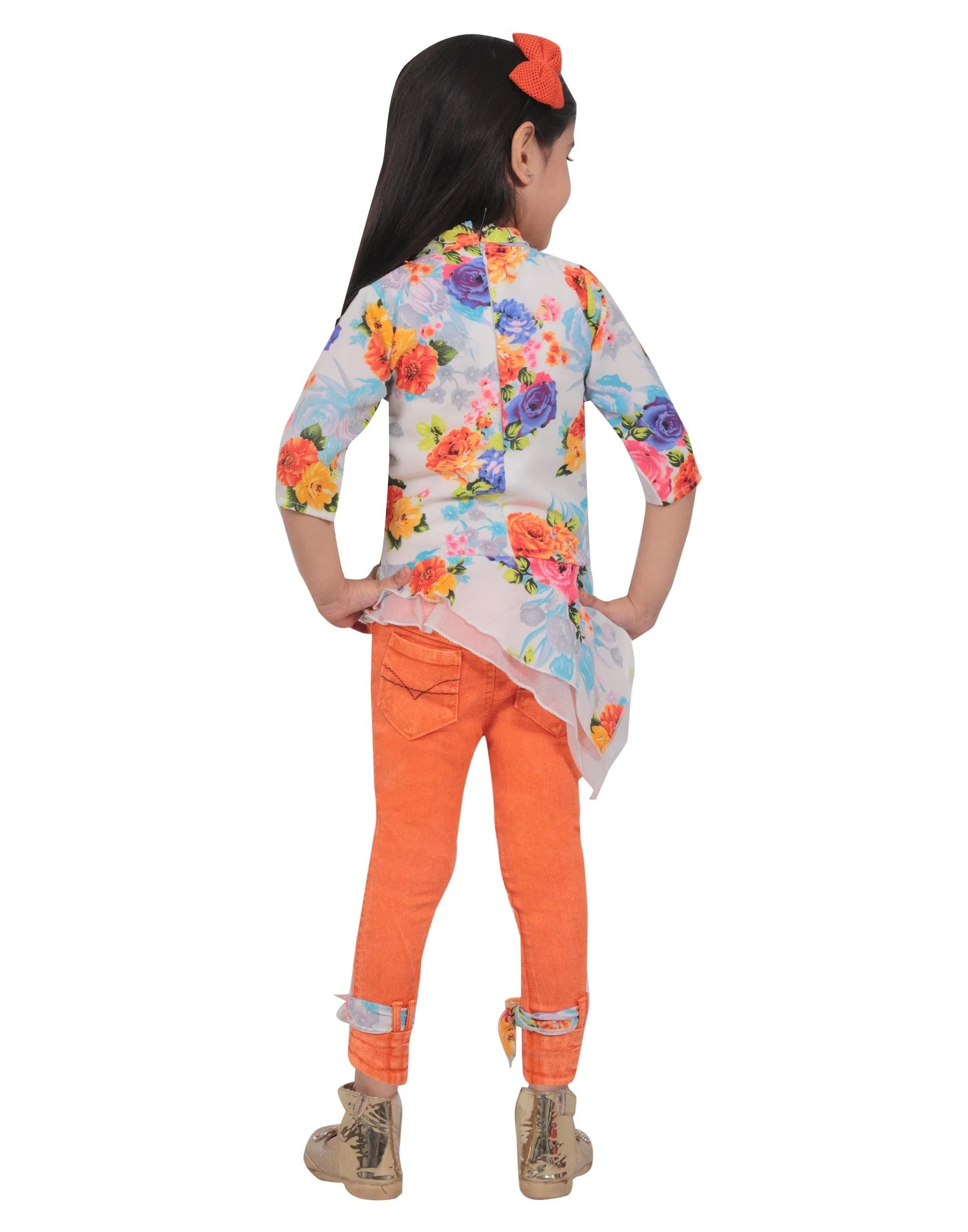 Ahhaaaa Kids Floral Top and Ankle Length Jeans for Girls