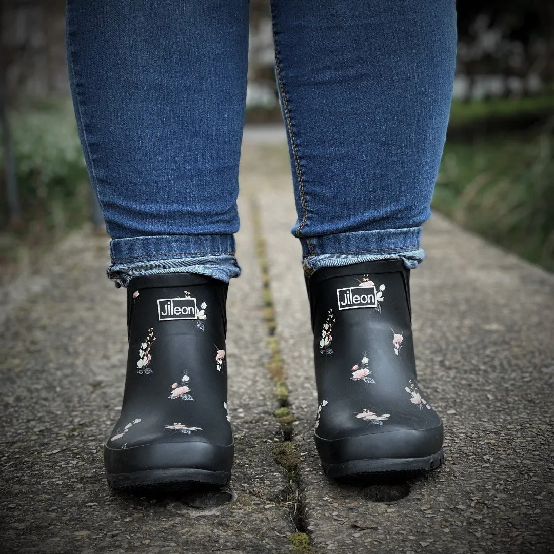 Ankle Wellies - Black Floral - Wide Foot