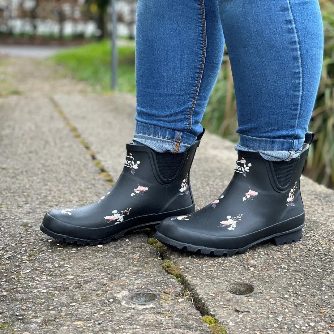 Ankle Wellies - Black Floral - Wide Foot