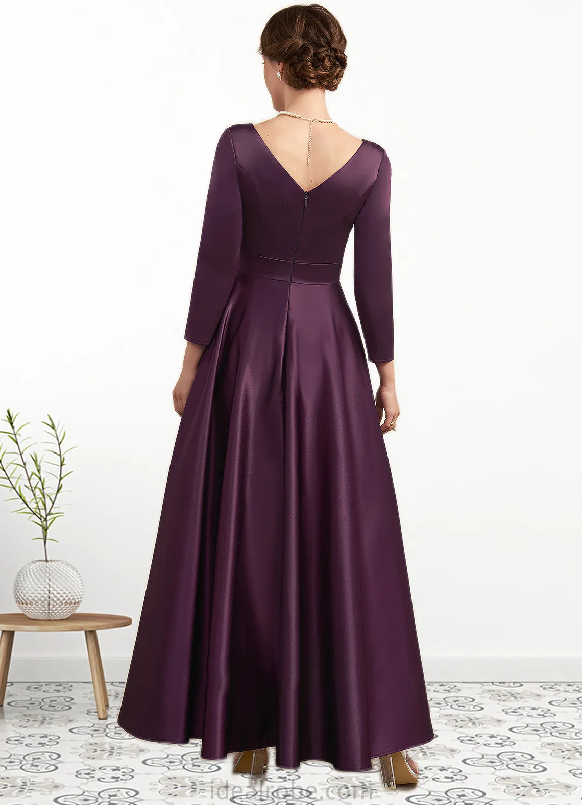 Aurora A-Line V-neck Ankle-Length Satin Mother of the Bride Dress With Pockets STK126P0014720