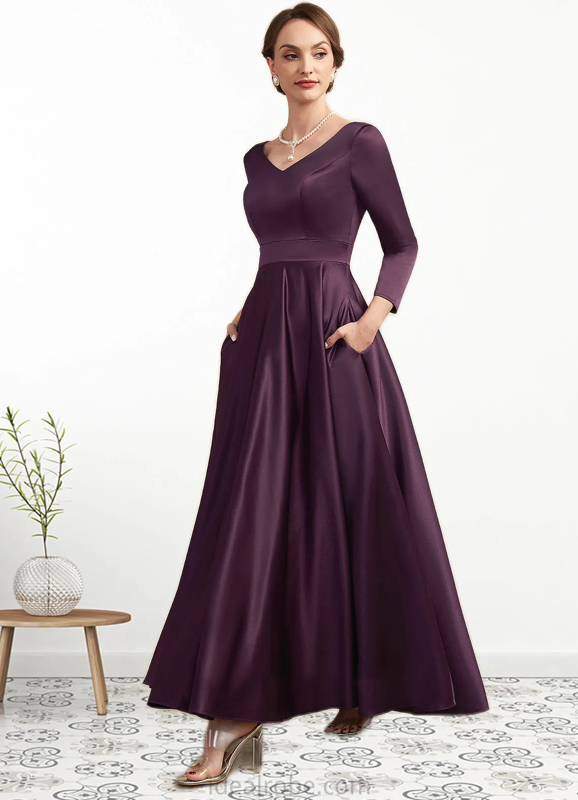 Aurora A-Line V-neck Ankle-Length Satin Mother of the Bride Dress With Pockets STK126P0014720