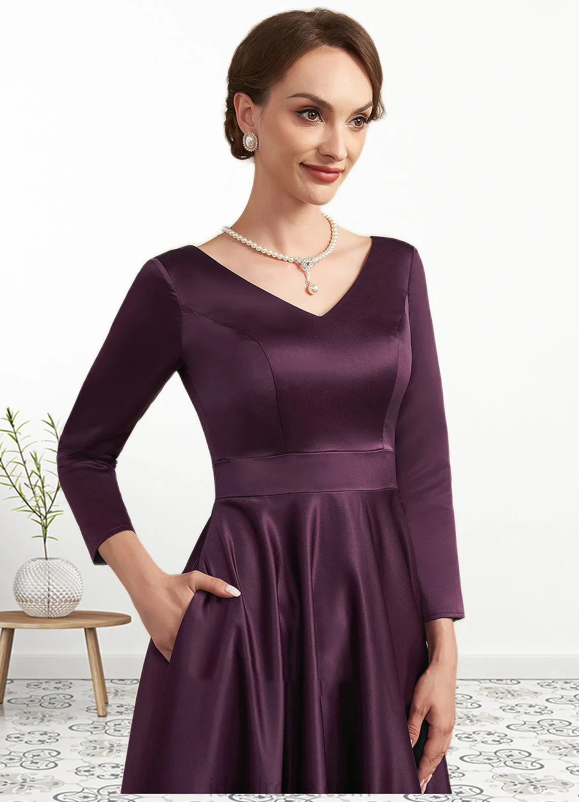 Aurora A-Line V-neck Ankle-Length Satin Mother of the Bride Dress With Pockets STK126P0014720