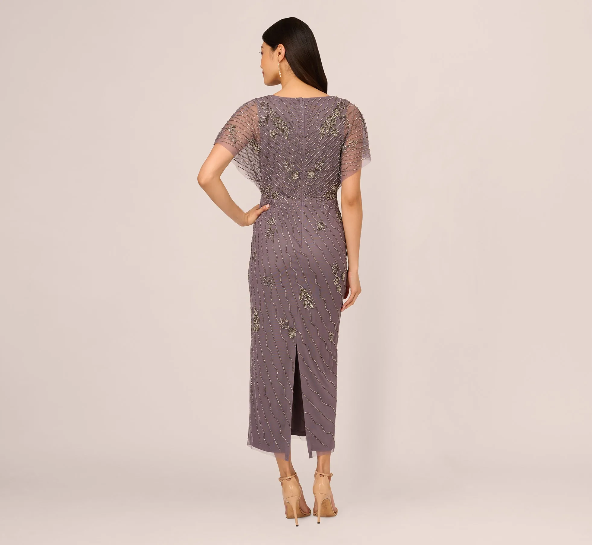 Beaded Ankle Length Dress With Sheer Flutter Sleeves In Moonscape