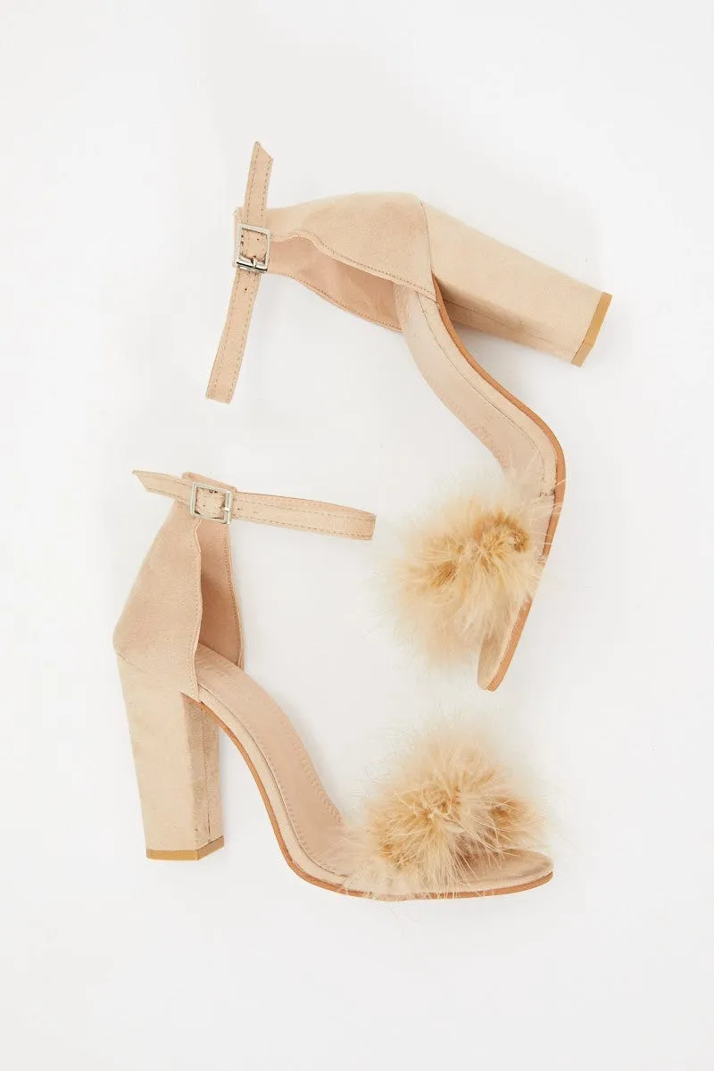 Beige Faux Fur Ankle Strap Heels