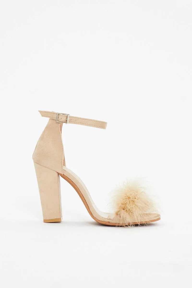 Beige Faux Fur Ankle Strap Heels