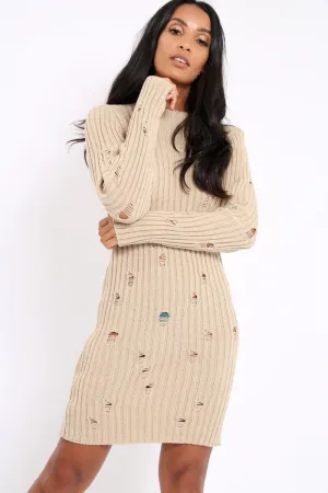 Beige Knit Distressed Jumper Dress - Cheryl