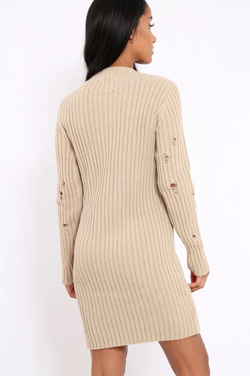 Beige Knit Distressed Jumper Dress - Cheryl