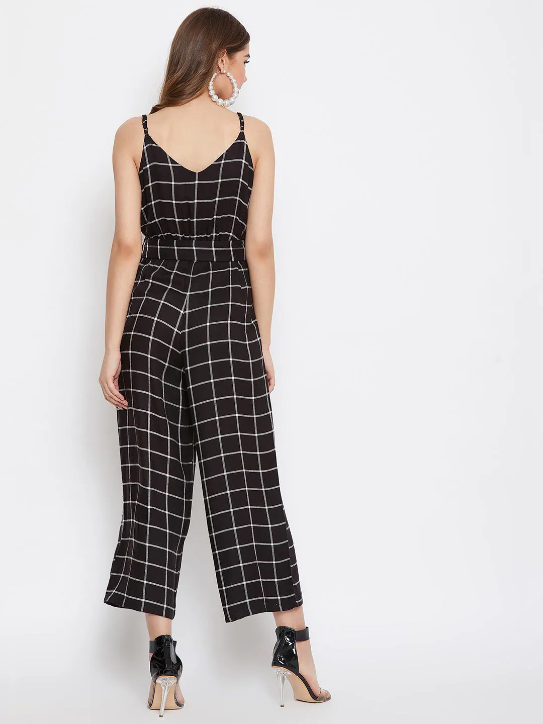 Berrylush Women Black and White Checked Pattern V-Neck Cotton Waist Tie-Up Ankle Length Jumpsuit