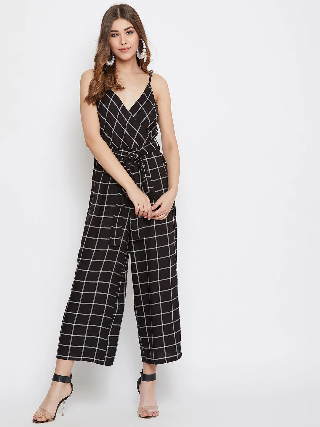 Berrylush Women Black and White Checked Pattern V-Neck Cotton Waist Tie-Up Ankle Length Jumpsuit