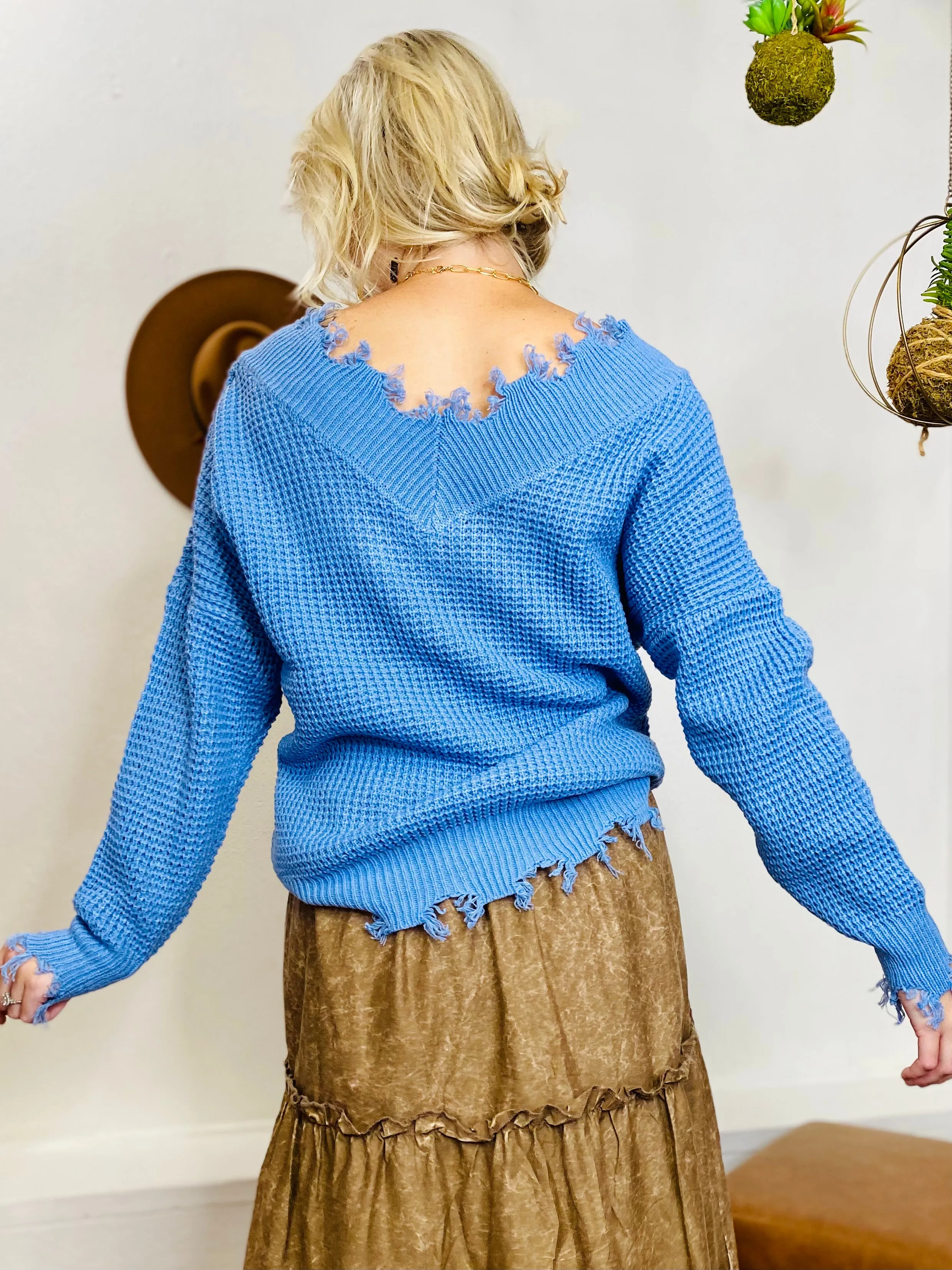 Bex Distressed Knit Sweater - Blue