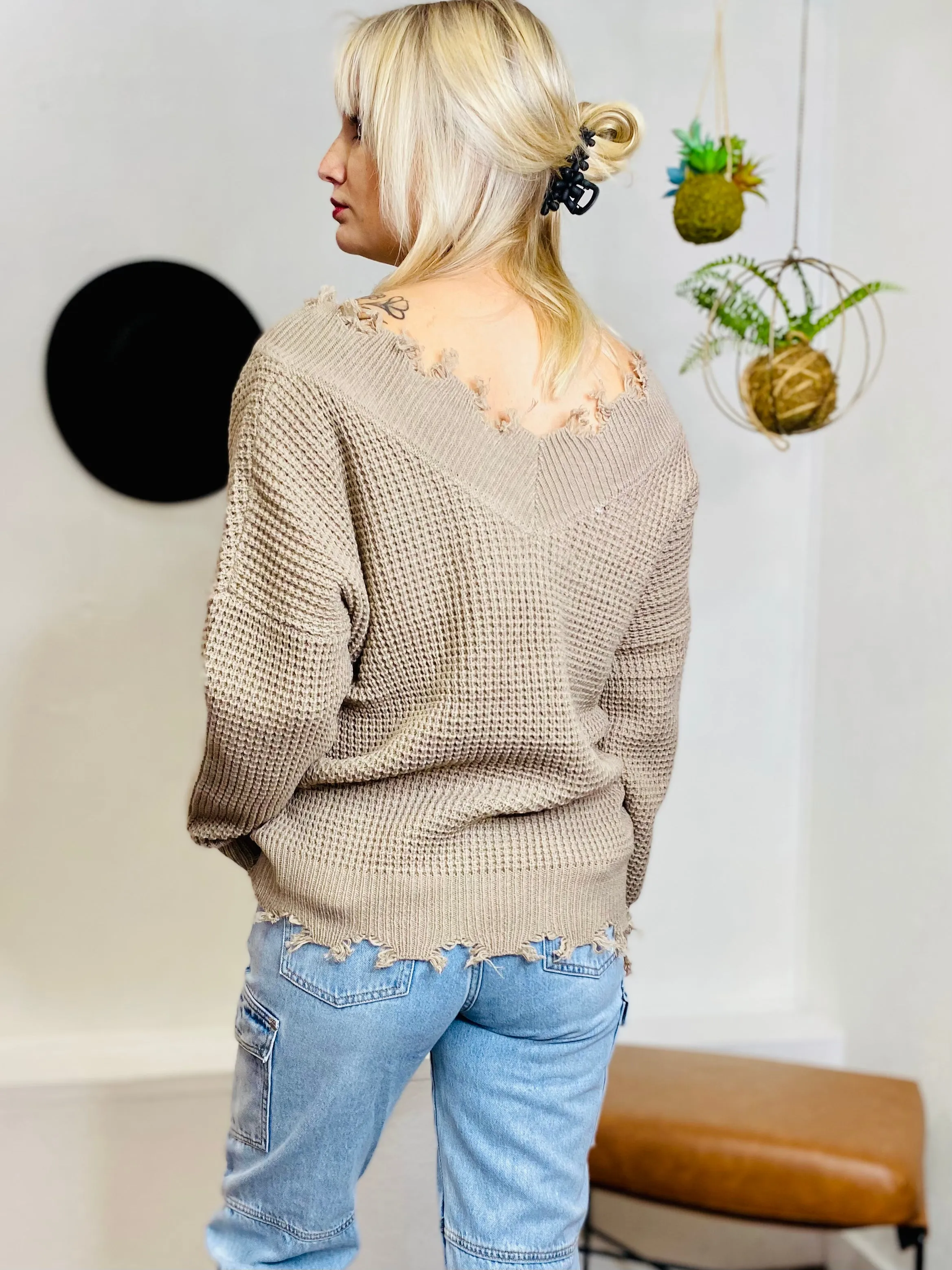 Bex Distressed Knit Sweater - Mocha