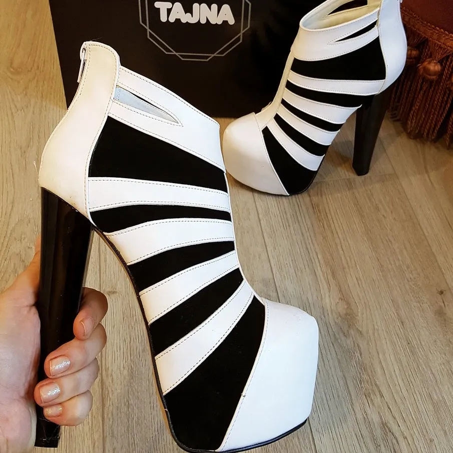 Black White Stripe Ankle Platform Booties