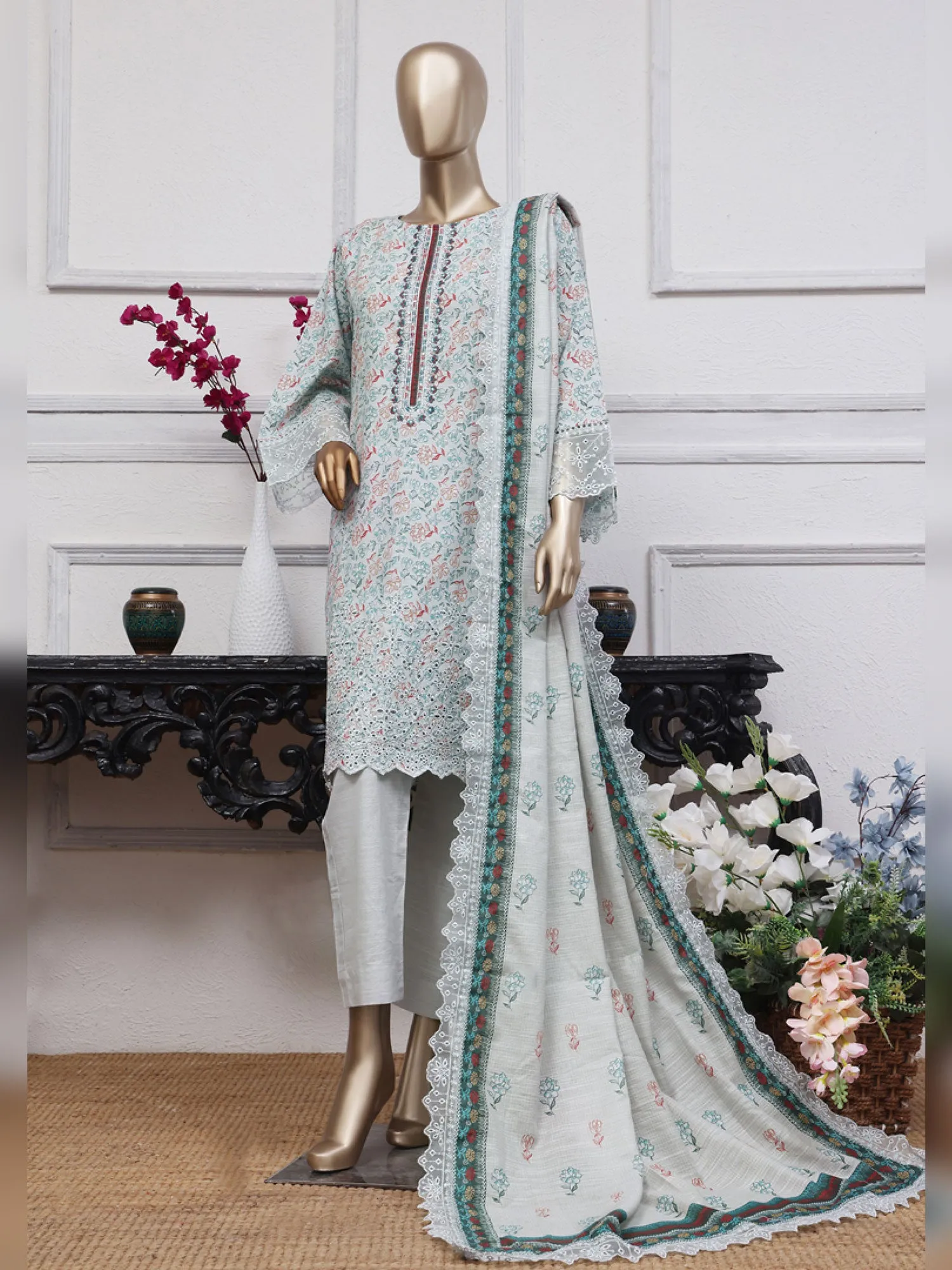 Blue-Grey Schiffli Embroidered Khaddar Casual 3-Piece Suit