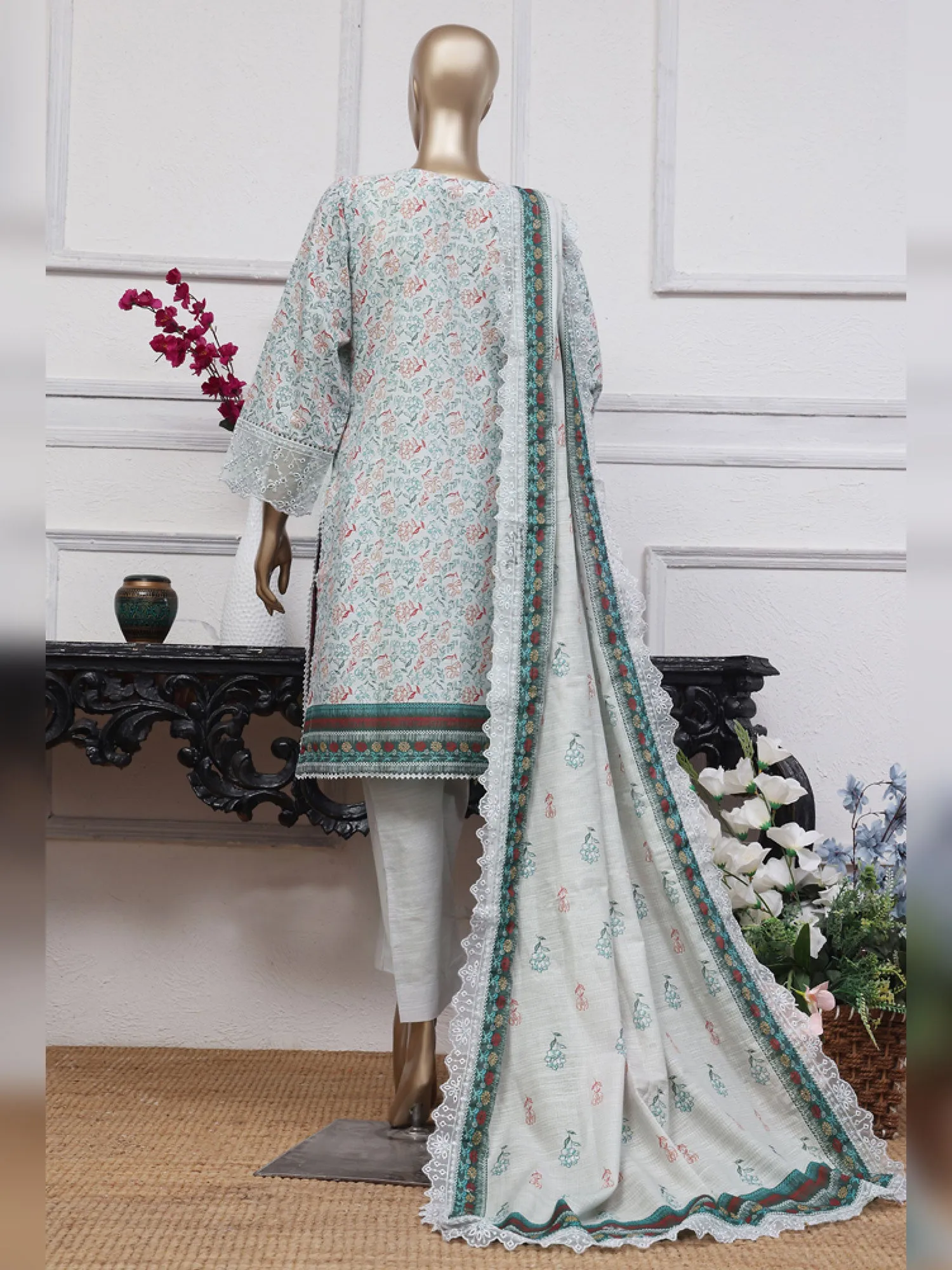 Blue-Grey Schiffli Embroidered Khaddar Casual 3-Piece Suit