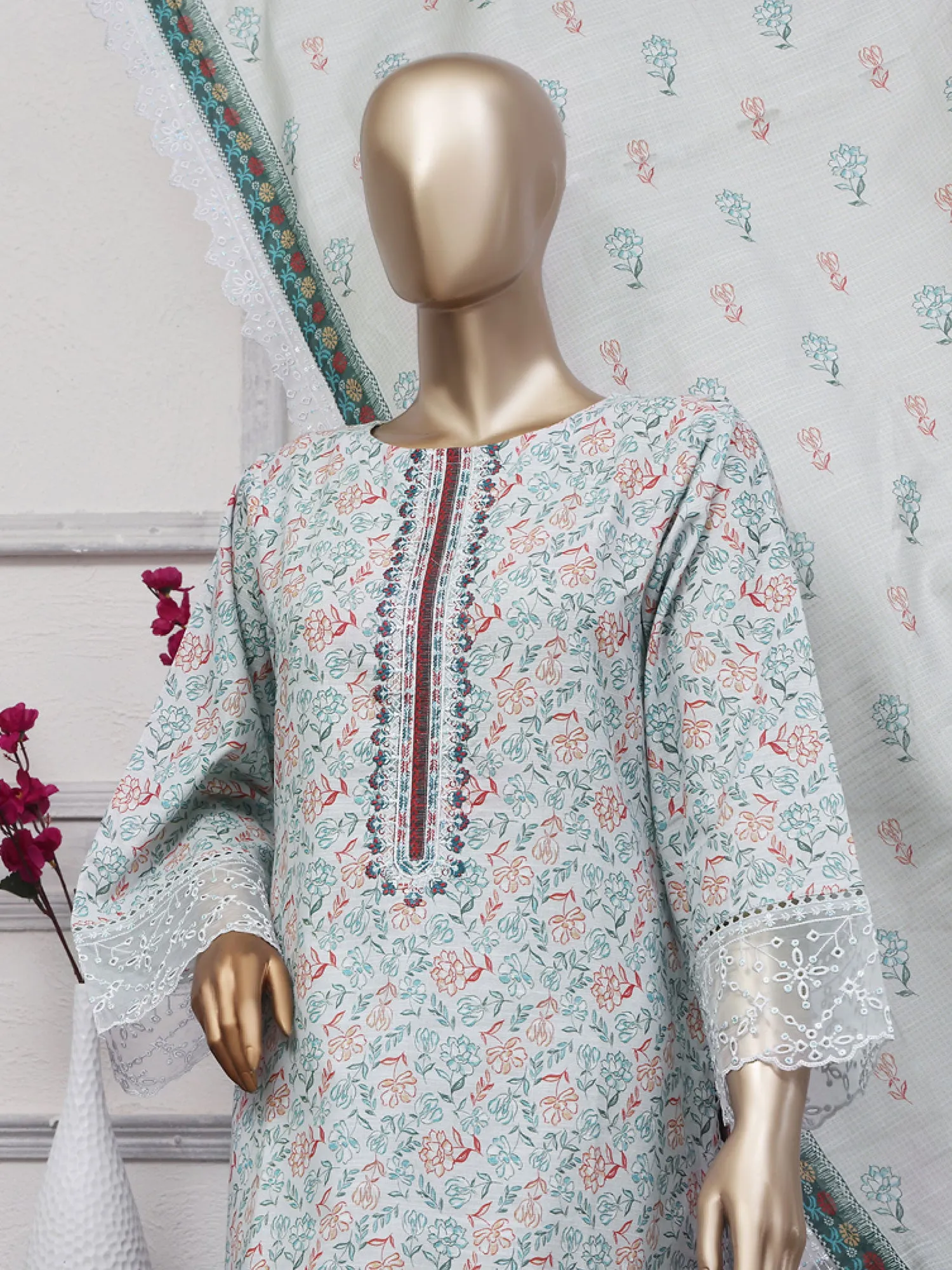 Blue-Grey Schiffli Embroidered Khaddar Casual 3-Piece Suit