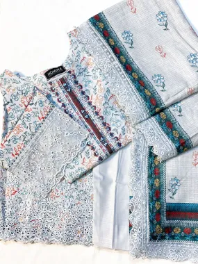 Blue-Grey Schiffli Embroidered Khaddar Casual 3-Piece Suit