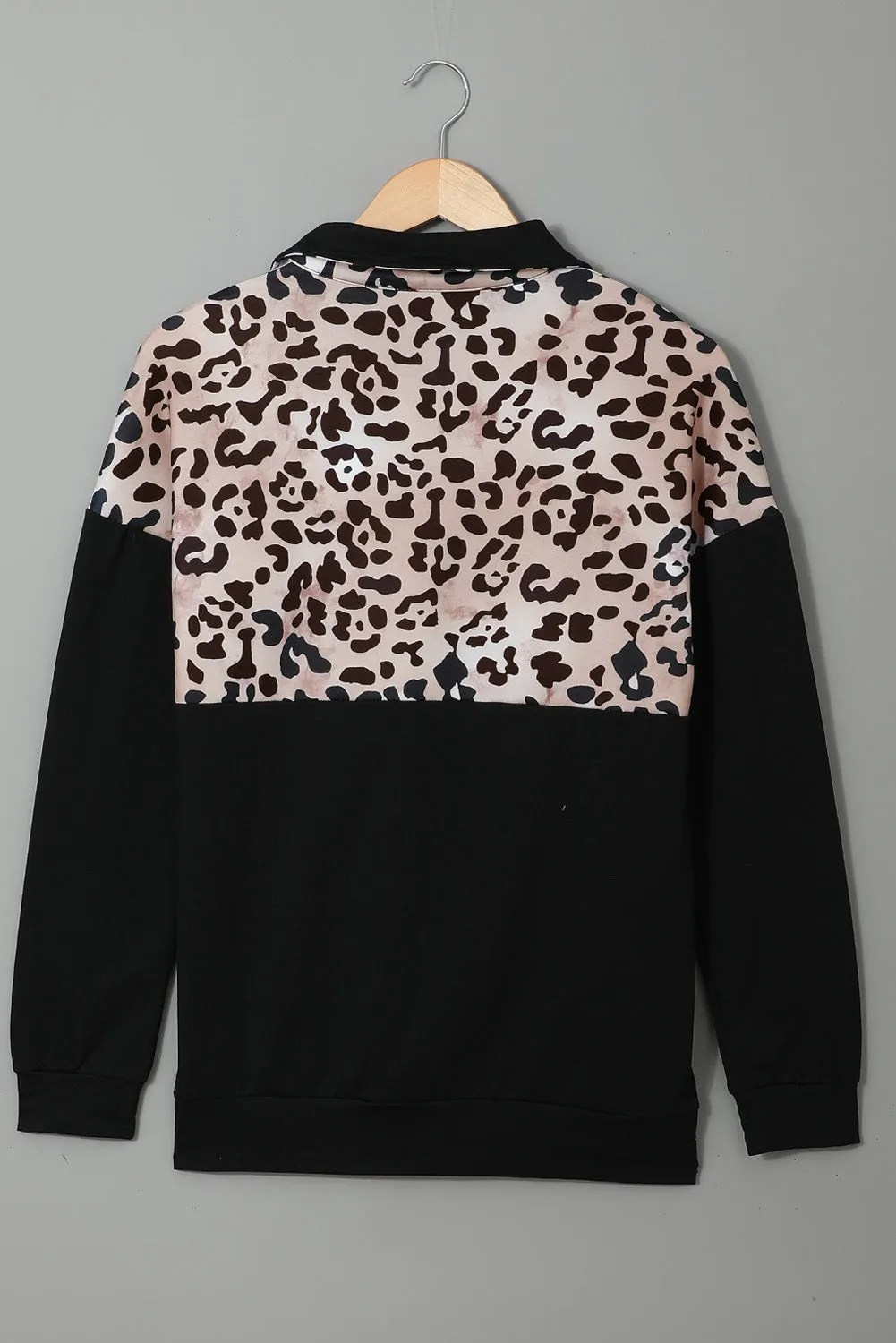 Casual Leopard Black Zip Stand Collar Dropped Sleeve Sweatshirt