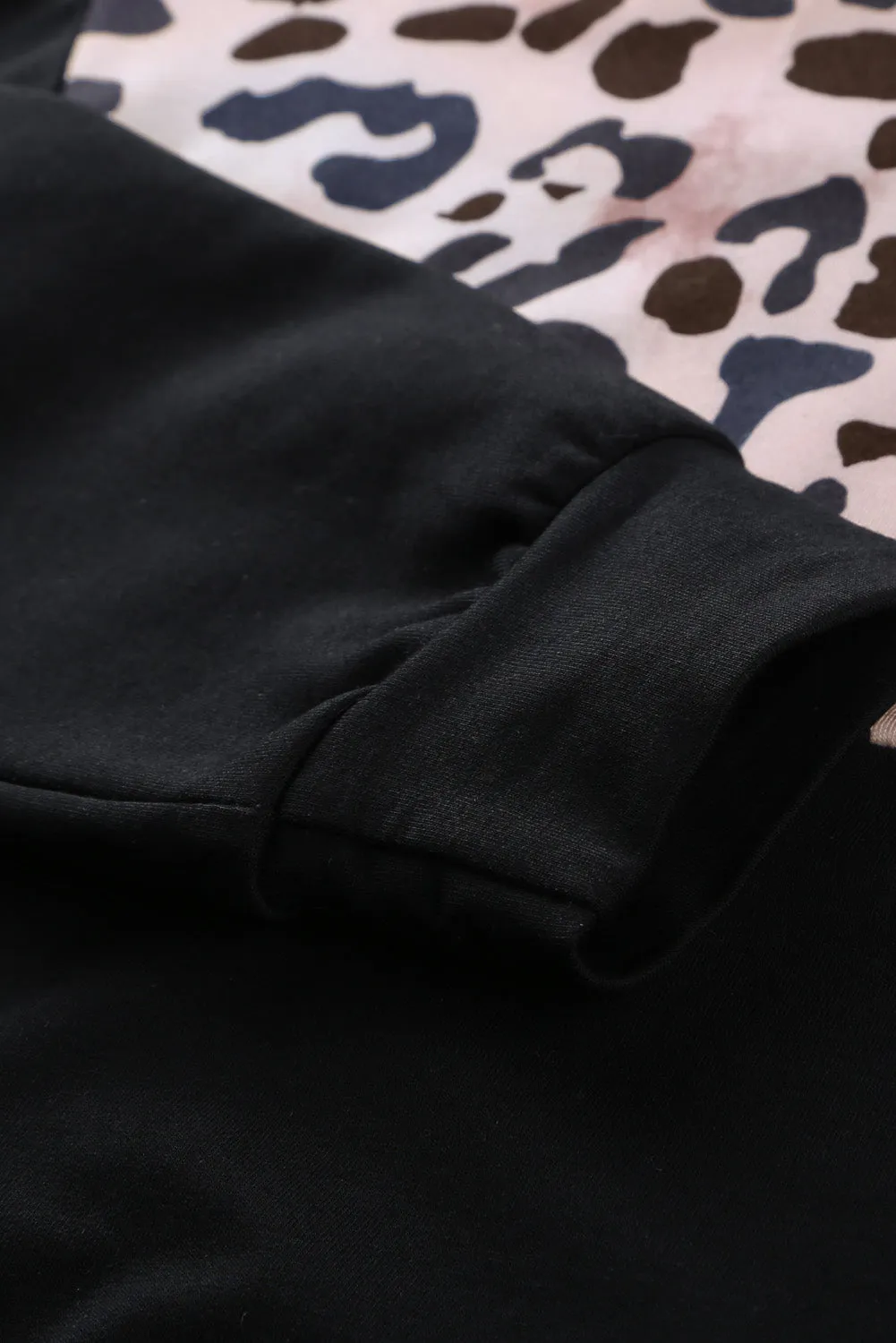 Casual Leopard Black Zip Stand Collar Dropped Sleeve Sweatshirt