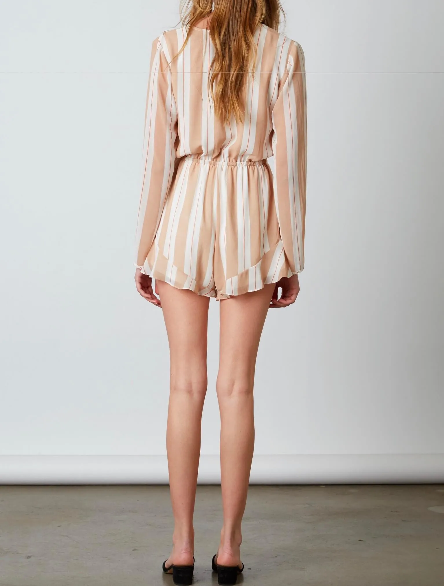 Cotton Candy LA - Saint Tropez Stripe Chiffon Ruffle Hem Romper - Sand