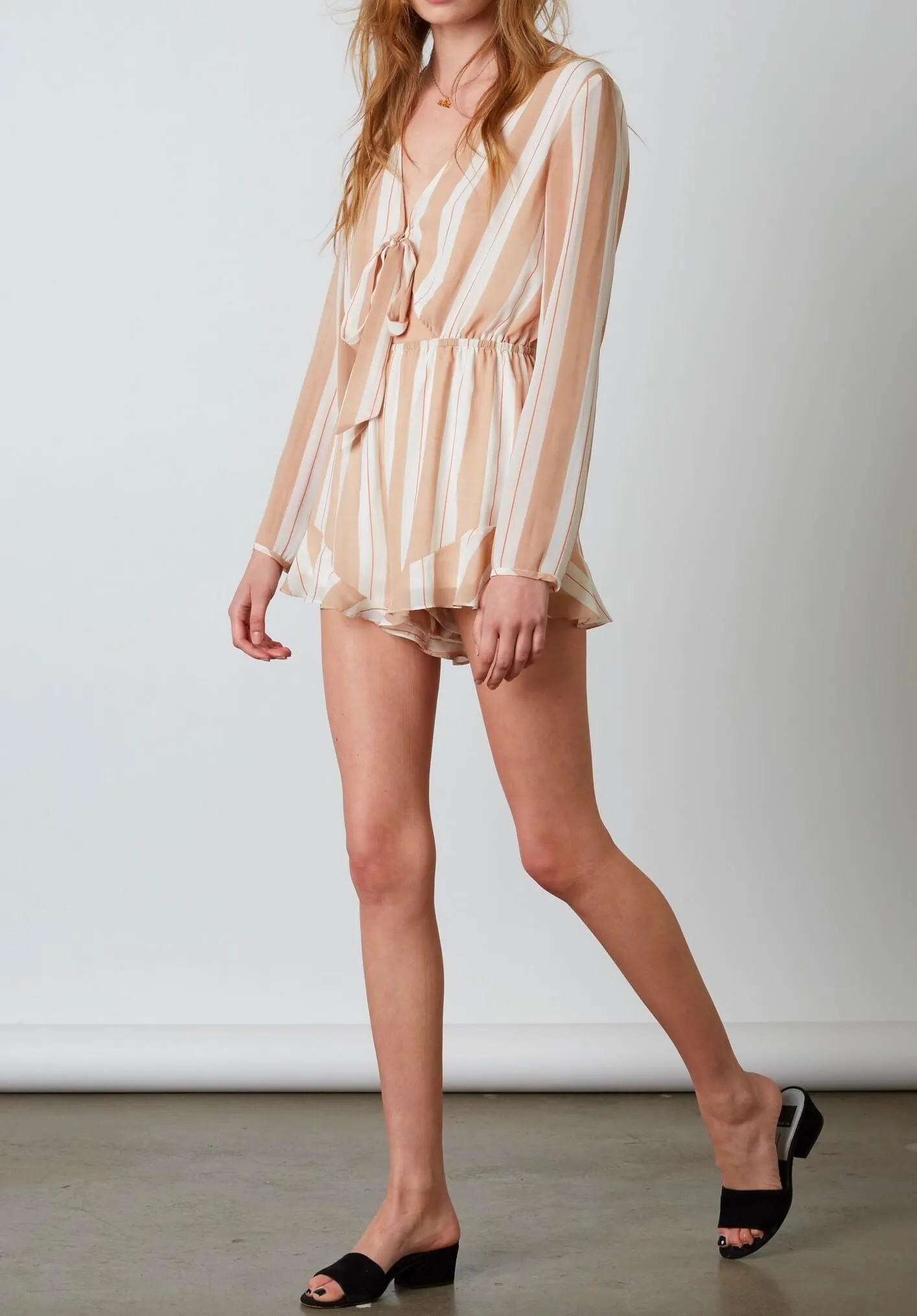 Cotton Candy LA - Saint Tropez Stripe Chiffon Ruffle Hem Romper - Sand