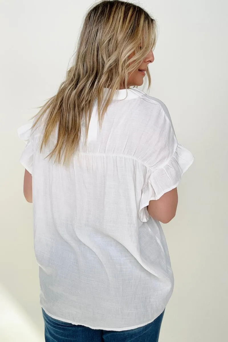 Cozy Co Woven Button Down Ruffle Sleeve Top