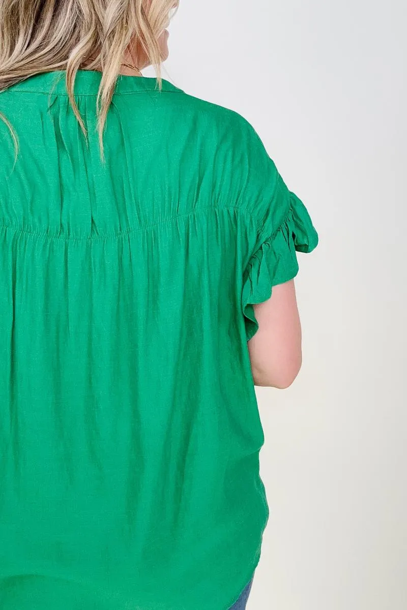 Cozy Co Woven Button Down Ruffle Sleeve Top