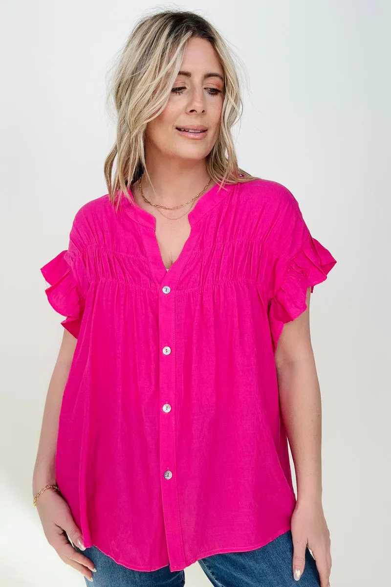 Cozy Co Woven Button Down Ruffle Sleeve Top