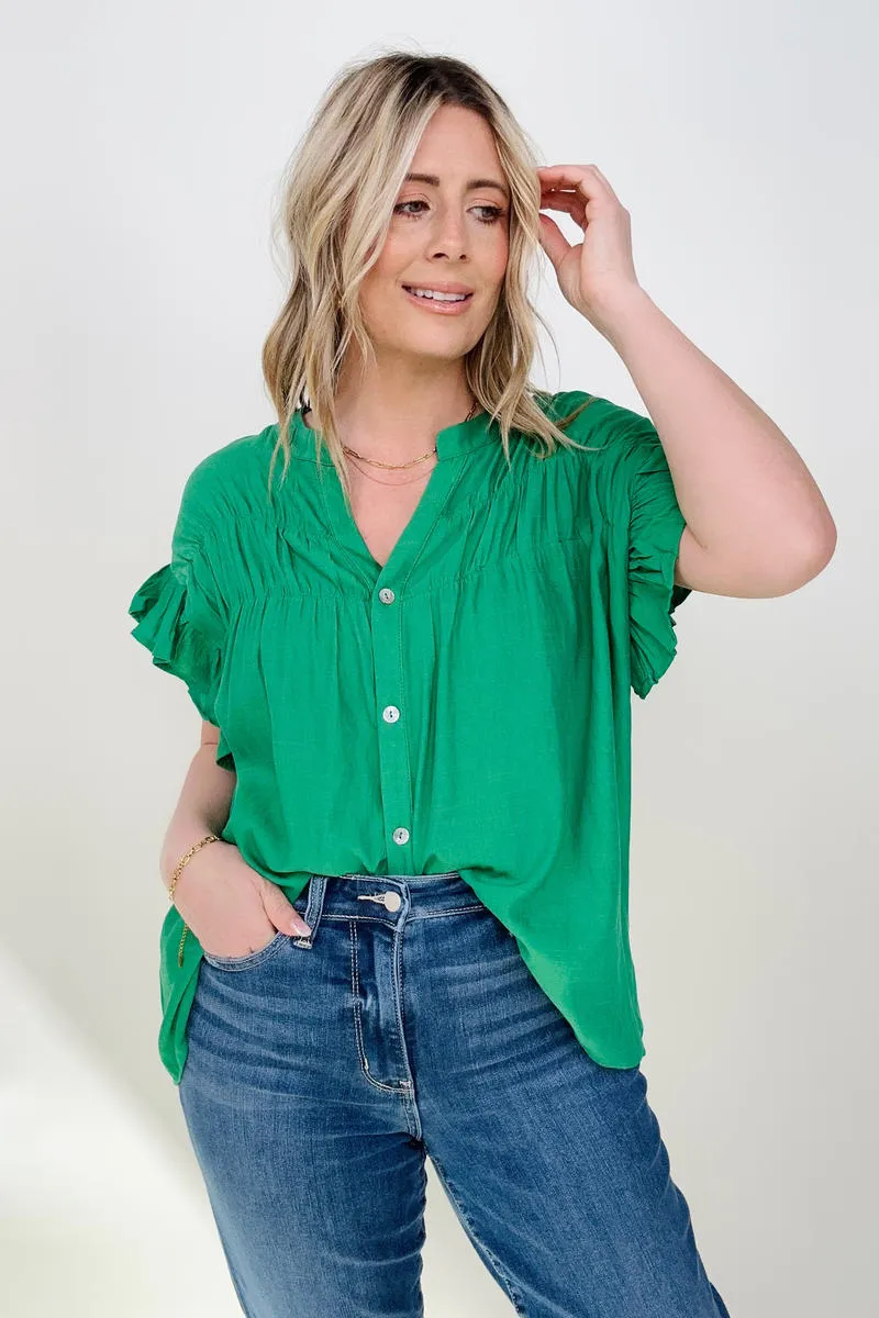 Cozy Co Woven Button Down Ruffle Sleeve Top