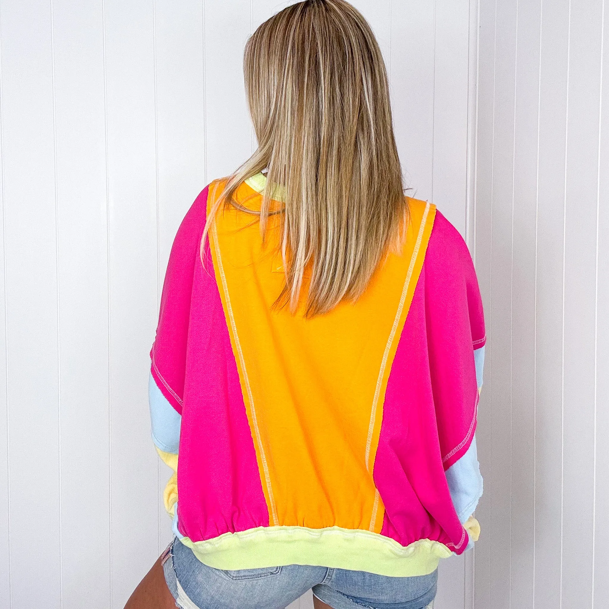 Cozy Sunset Fuchsia and Lime Balloon Washed Terry Long Sleeve Pullover