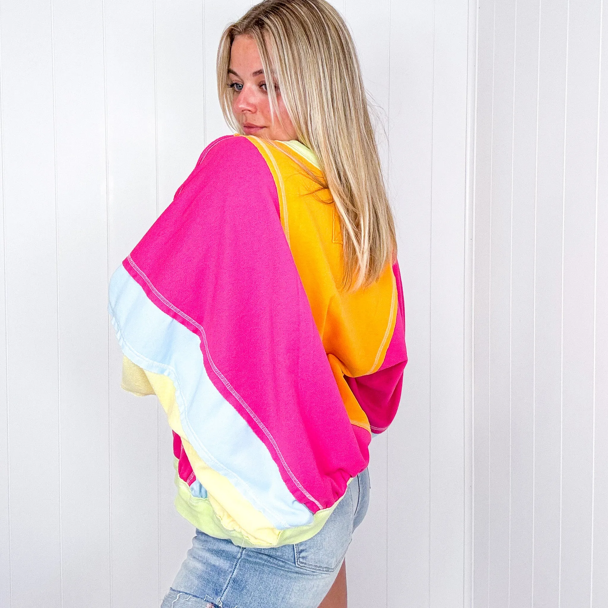 Cozy Sunset Fuchsia and Lime Balloon Washed Terry Long Sleeve Pullover