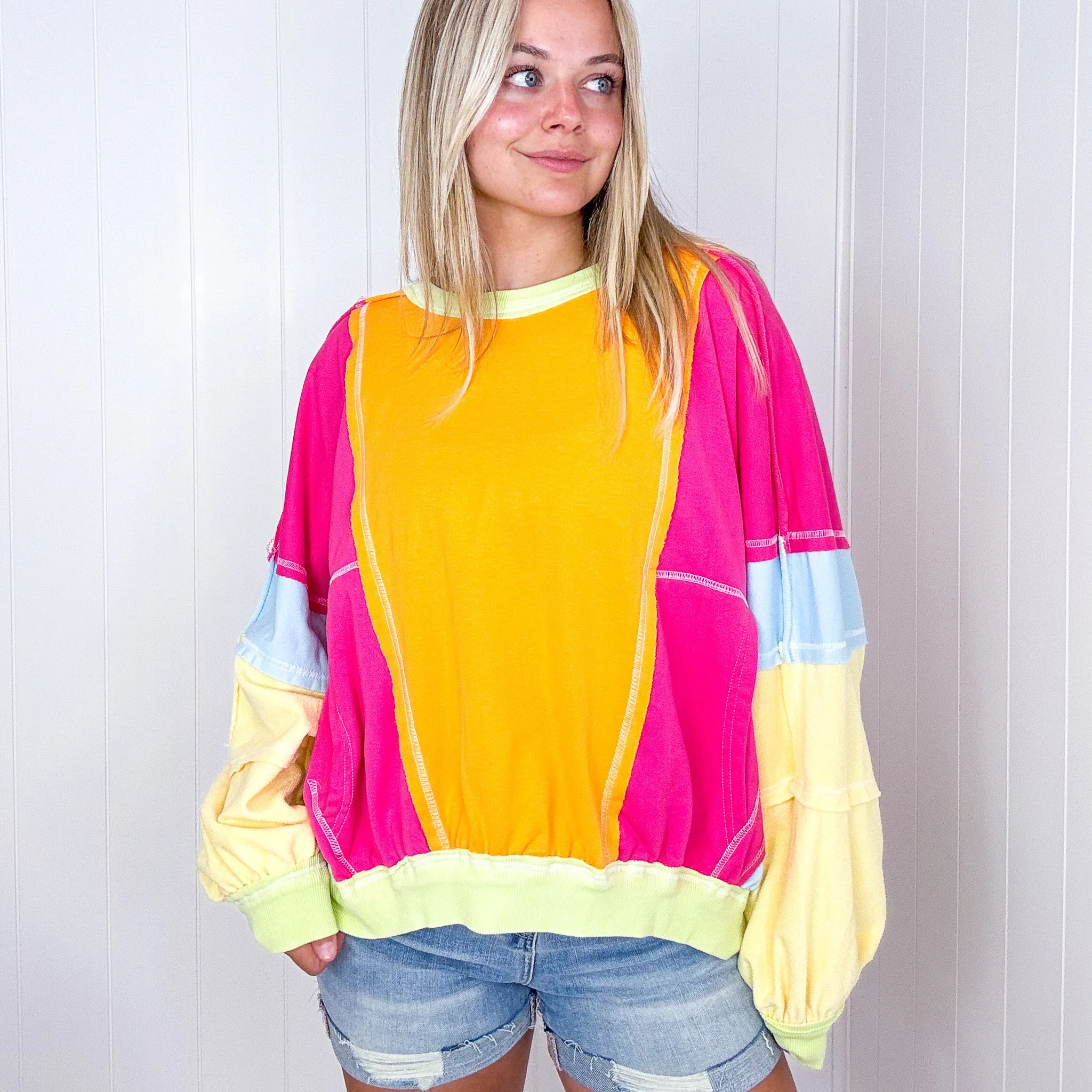 Cozy Sunset Fuchsia and Lime Balloon Washed Terry Long Sleeve Pullover