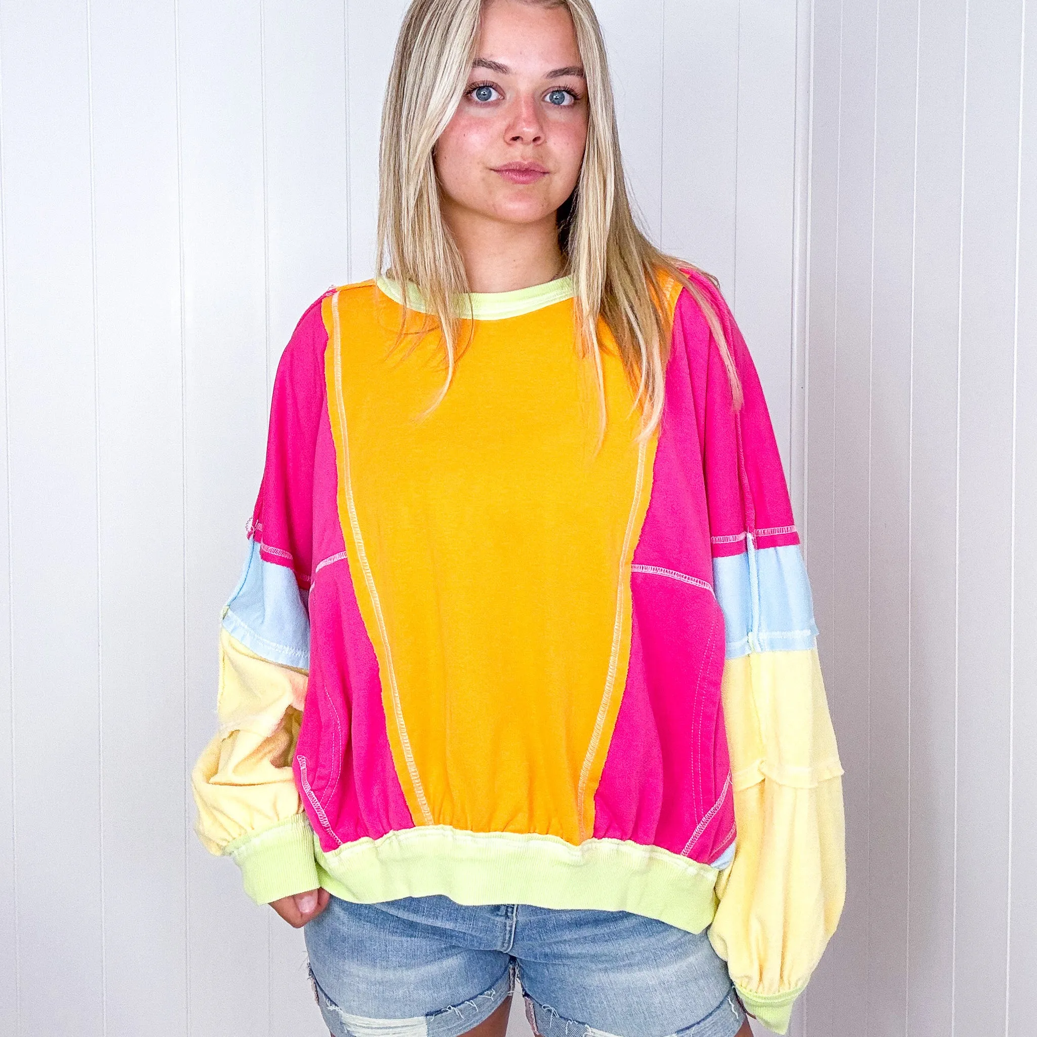 Cozy Sunset Fuchsia and Lime Balloon Washed Terry Long Sleeve Pullover