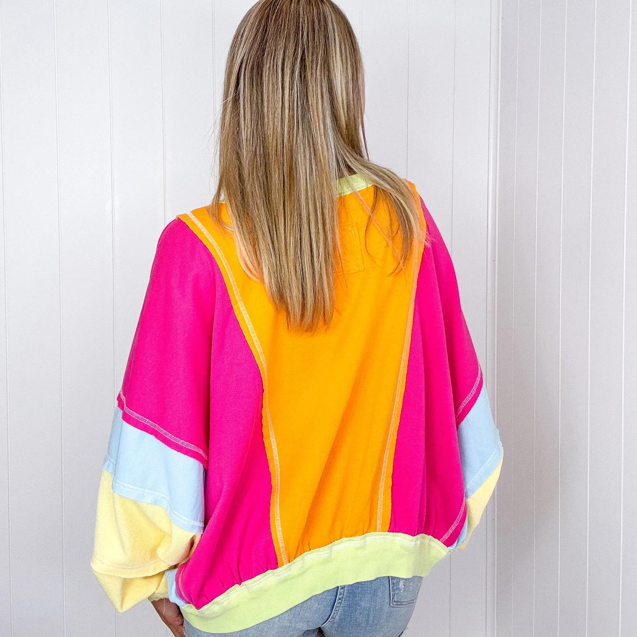 Cozy Sunset Fuchsia and Lime Balloon Washed Terry Long Sleeve Pullover