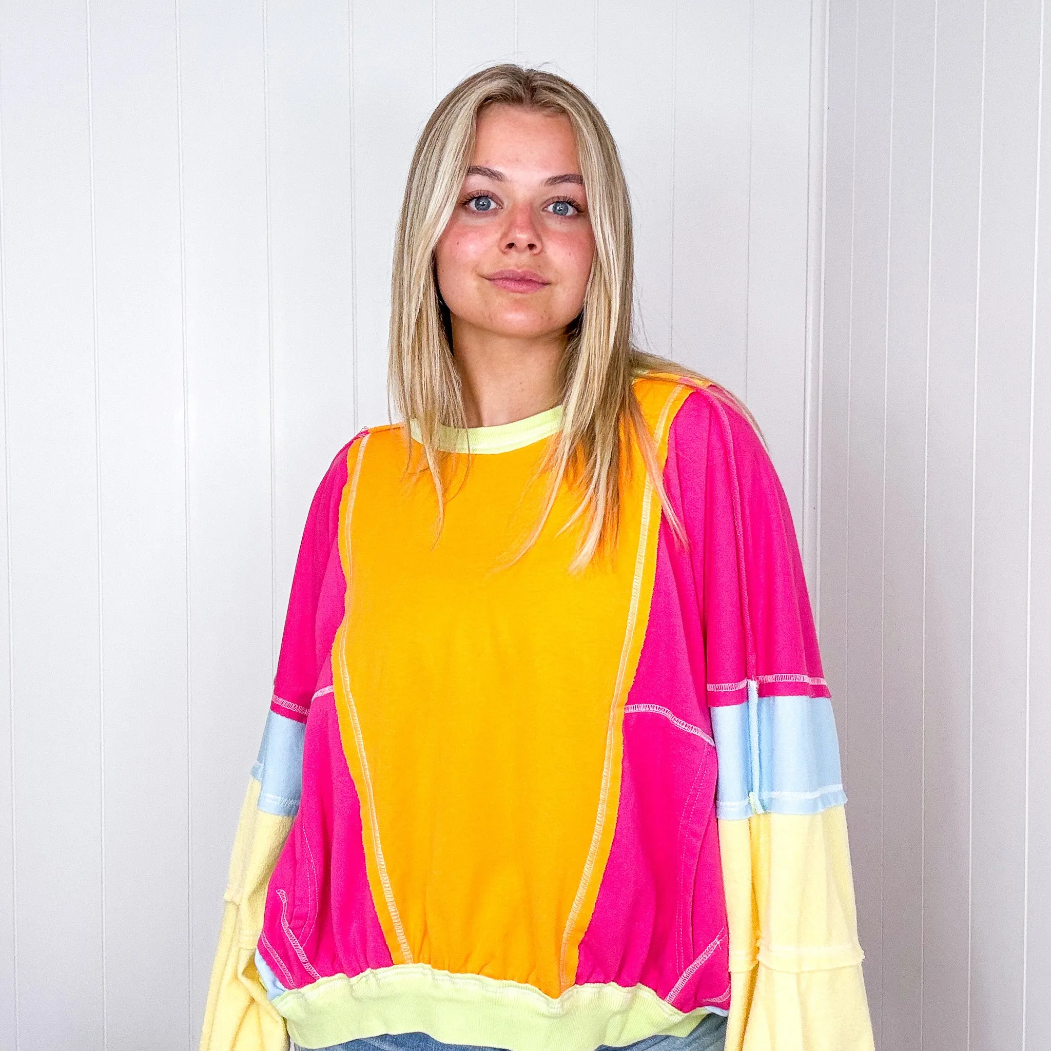 Cozy Sunset Fuchsia and Lime Balloon Washed Terry Long Sleeve Pullover