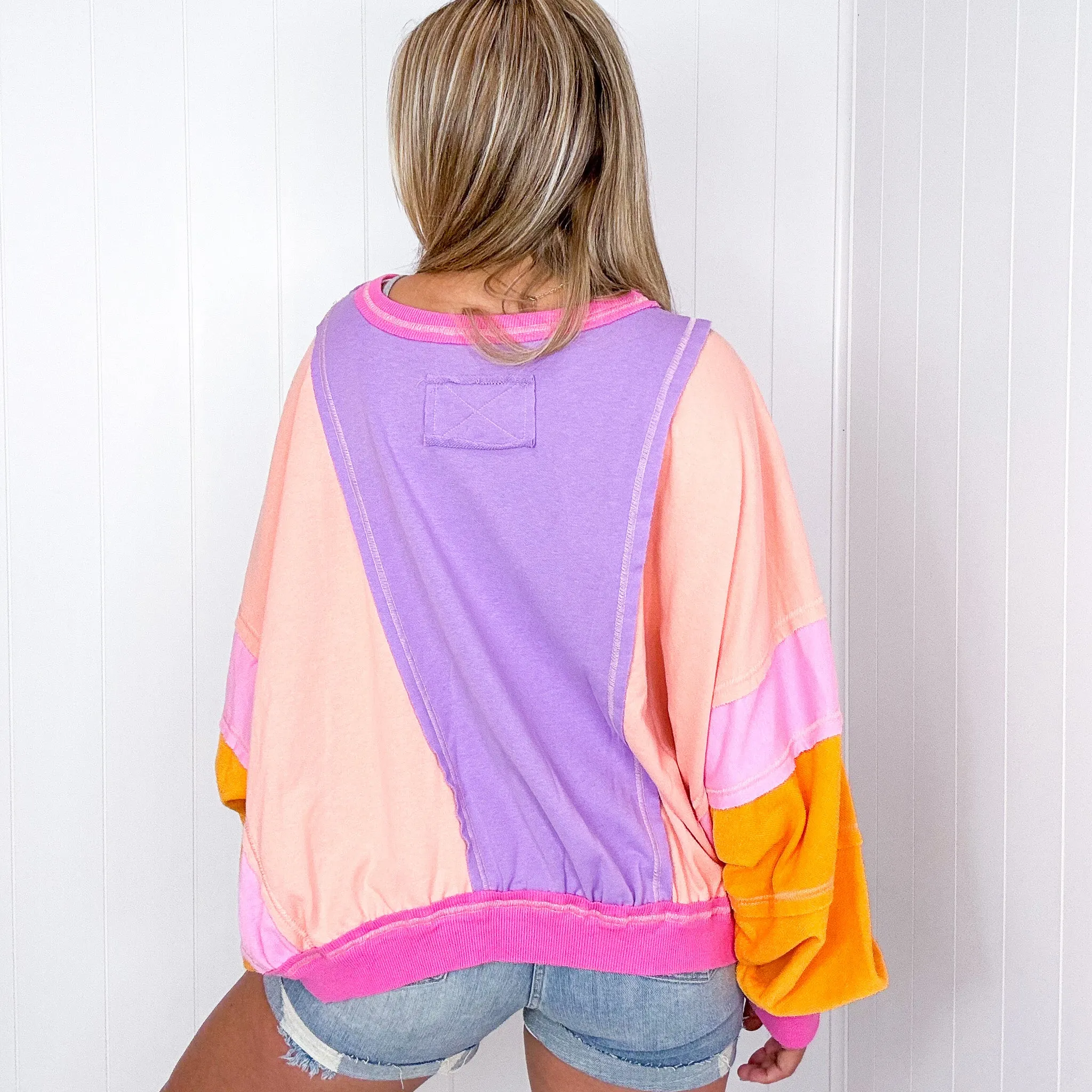 Cozy Sunset Lavender Peach Balloon Washed Terry Long Sleeve Pullover