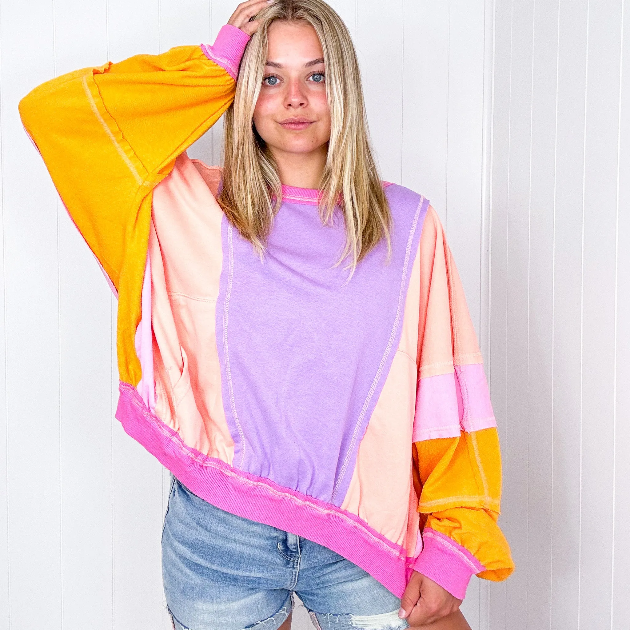 Cozy Sunset Lavender Peach Balloon Washed Terry Long Sleeve Pullover