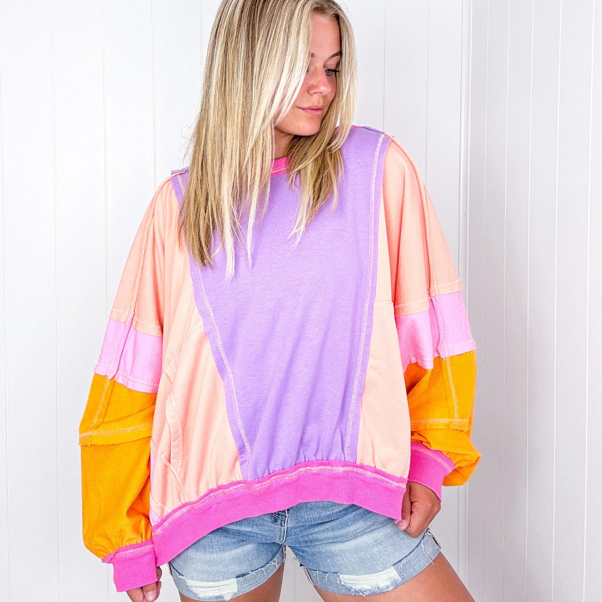 Cozy Sunset Lavender Peach Balloon Washed Terry Long Sleeve Pullover