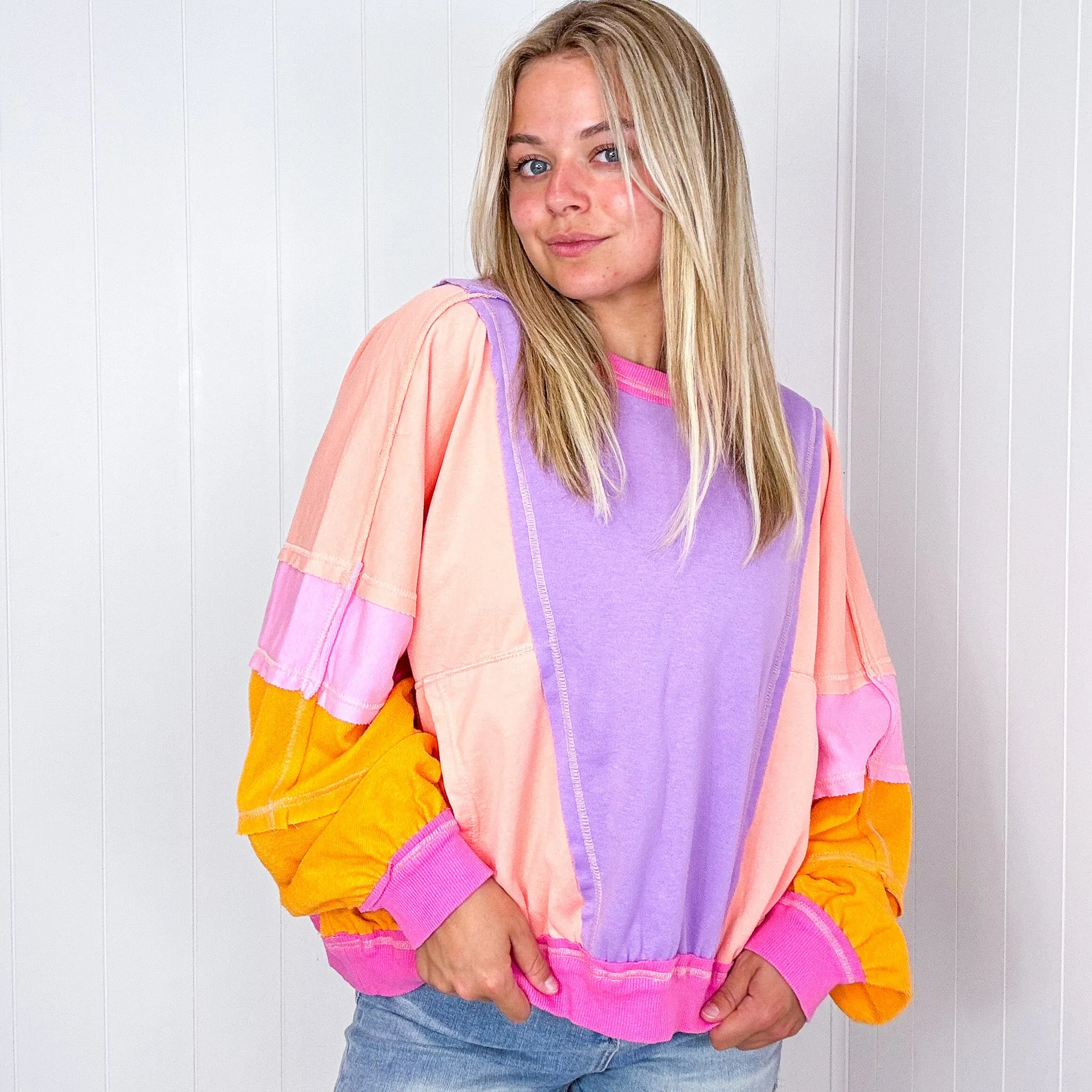 Cozy Sunset Lavender Peach Balloon Washed Terry Long Sleeve Pullover