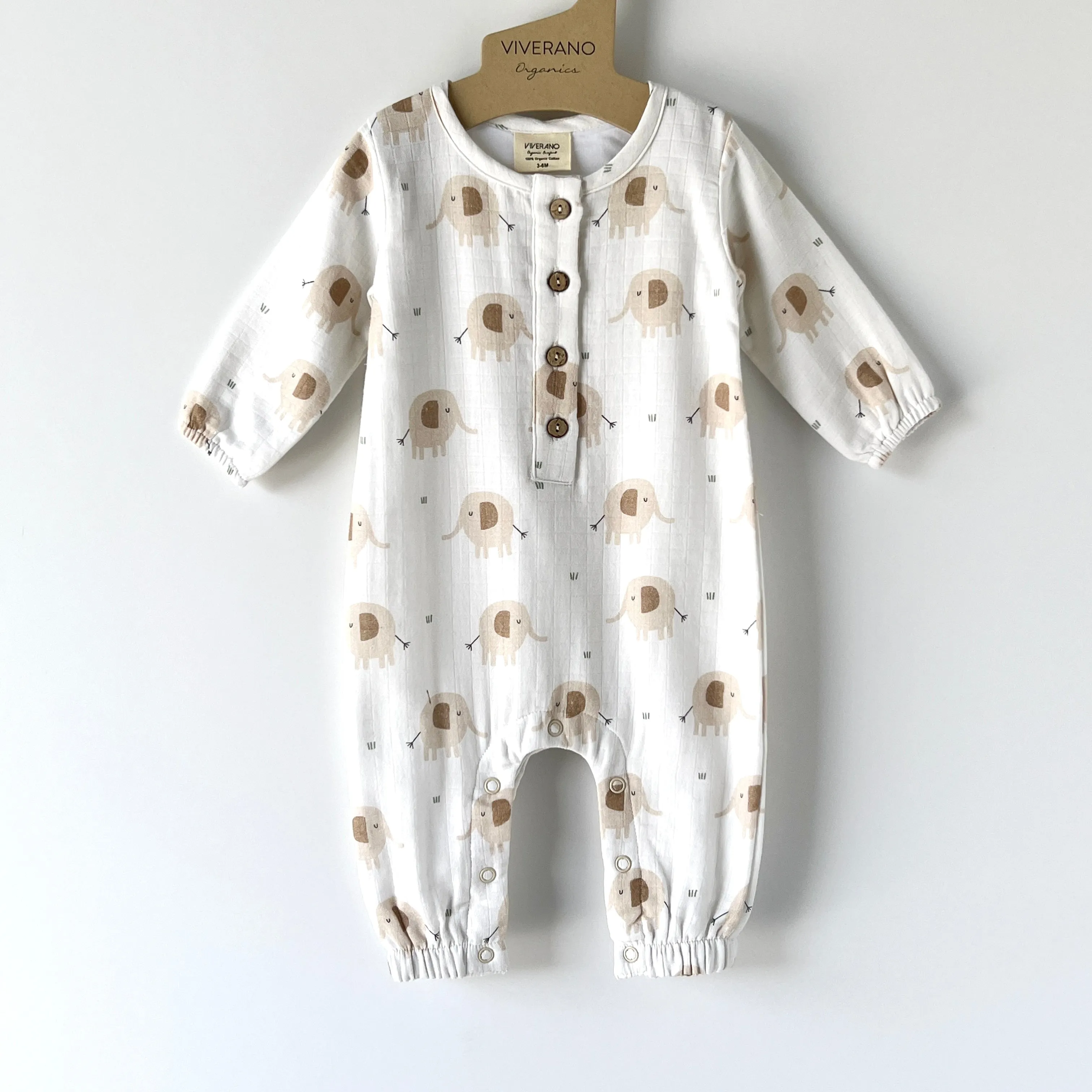 Elephant Classic Button Baby Jumpsuit (Organic Muslin)