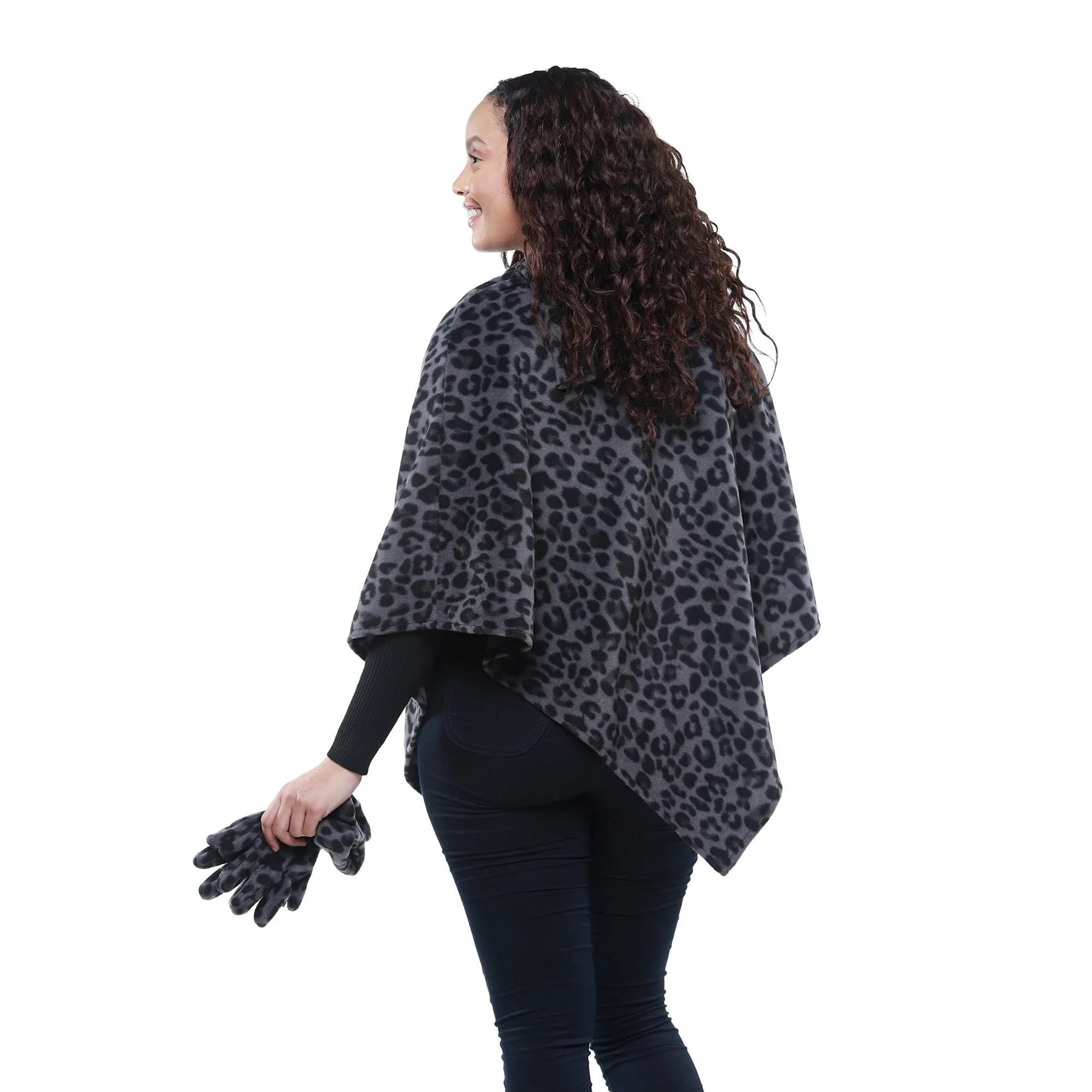 Elisa Gray Leopard Cozy Coat Fleece Poncho and Gloves Set