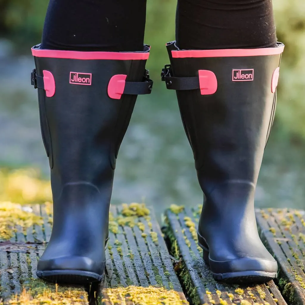 Extra Wide Calf Black Wellies with Hot Pink Trim - Wide in Foot & Ankle - Fit 40-57cm Calf