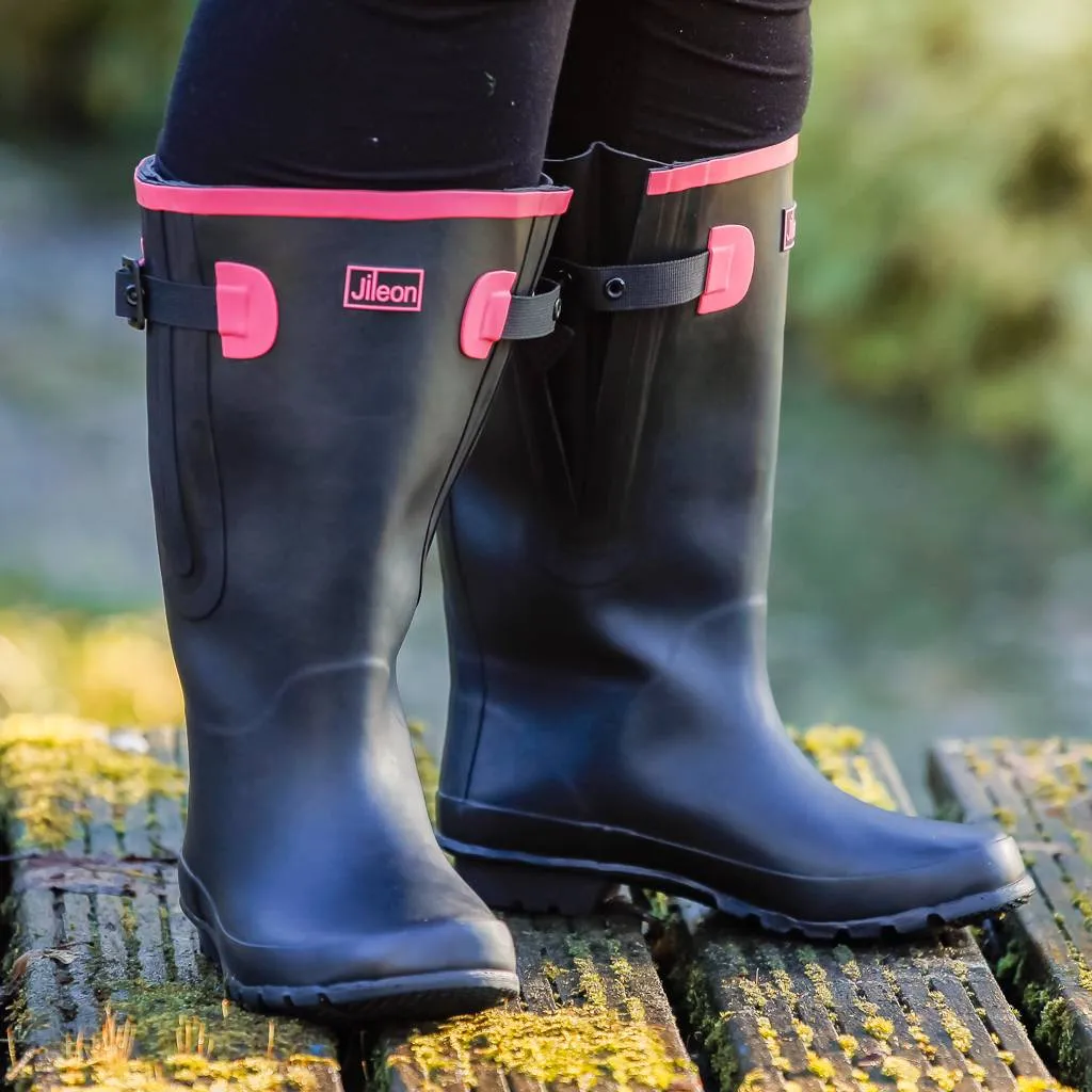 Extra Wide Calf Black Wellies with Hot Pink Trim - Wide in Foot & Ankle - Fit 40-57cm Calf