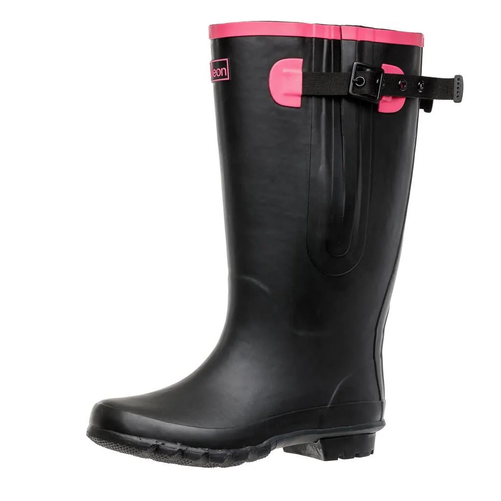 Extra Wide Calf Black Wellies with Hot Pink Trim - Wide in Foot & Ankle - Fit 40-57cm Calf