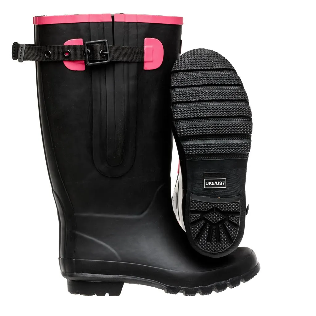 Extra Wide Calf Black Wellies with Hot Pink Trim - Wide in Foot & Ankle - Fit 40-57cm Calf