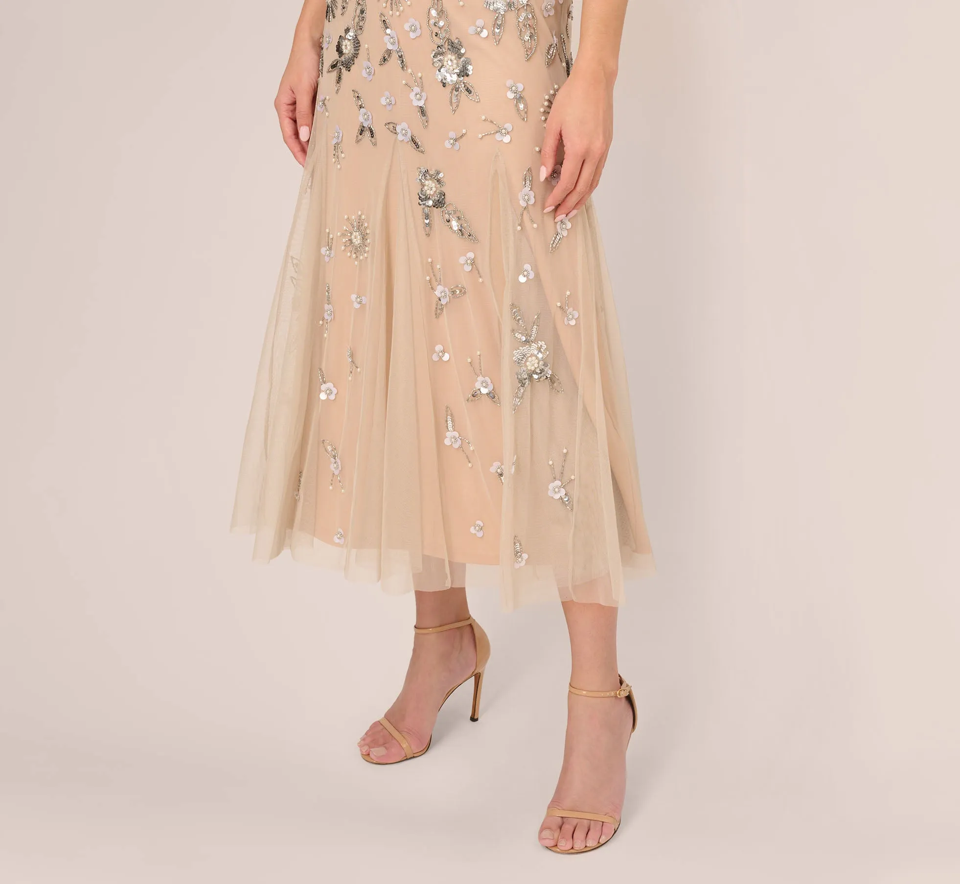 Floral Beaded Ankle Length Gown In Silver Nude