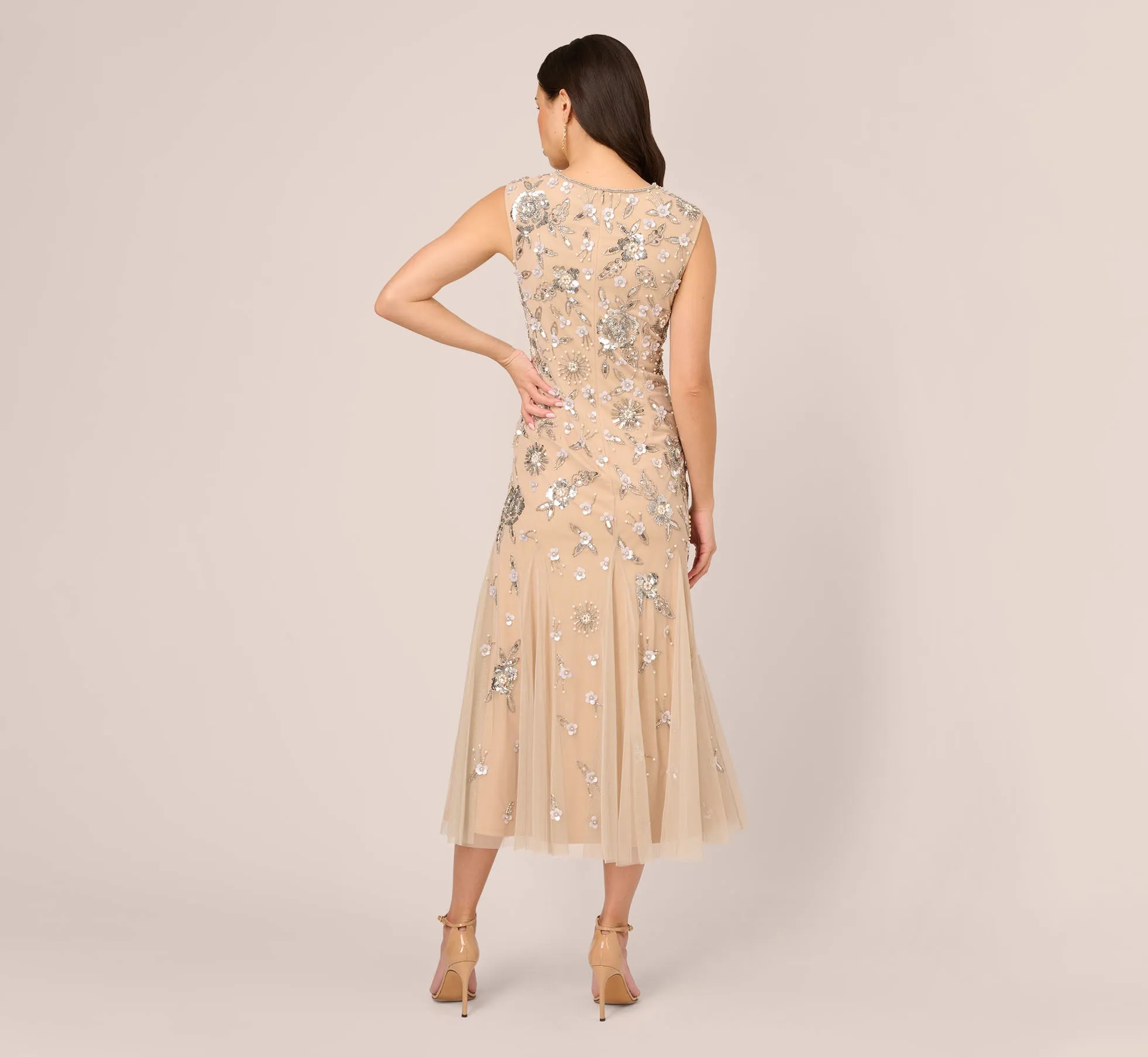 Floral Beaded Ankle Length Gown In Silver Nude