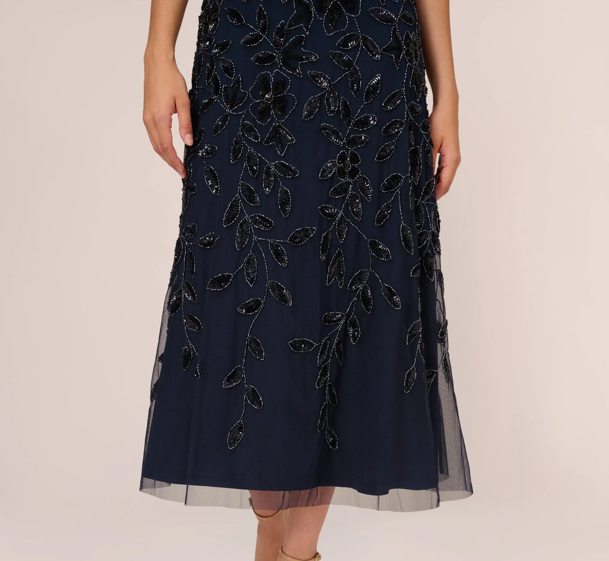 Floral Beaded Ankle Length Sleeveless Gown In Navy