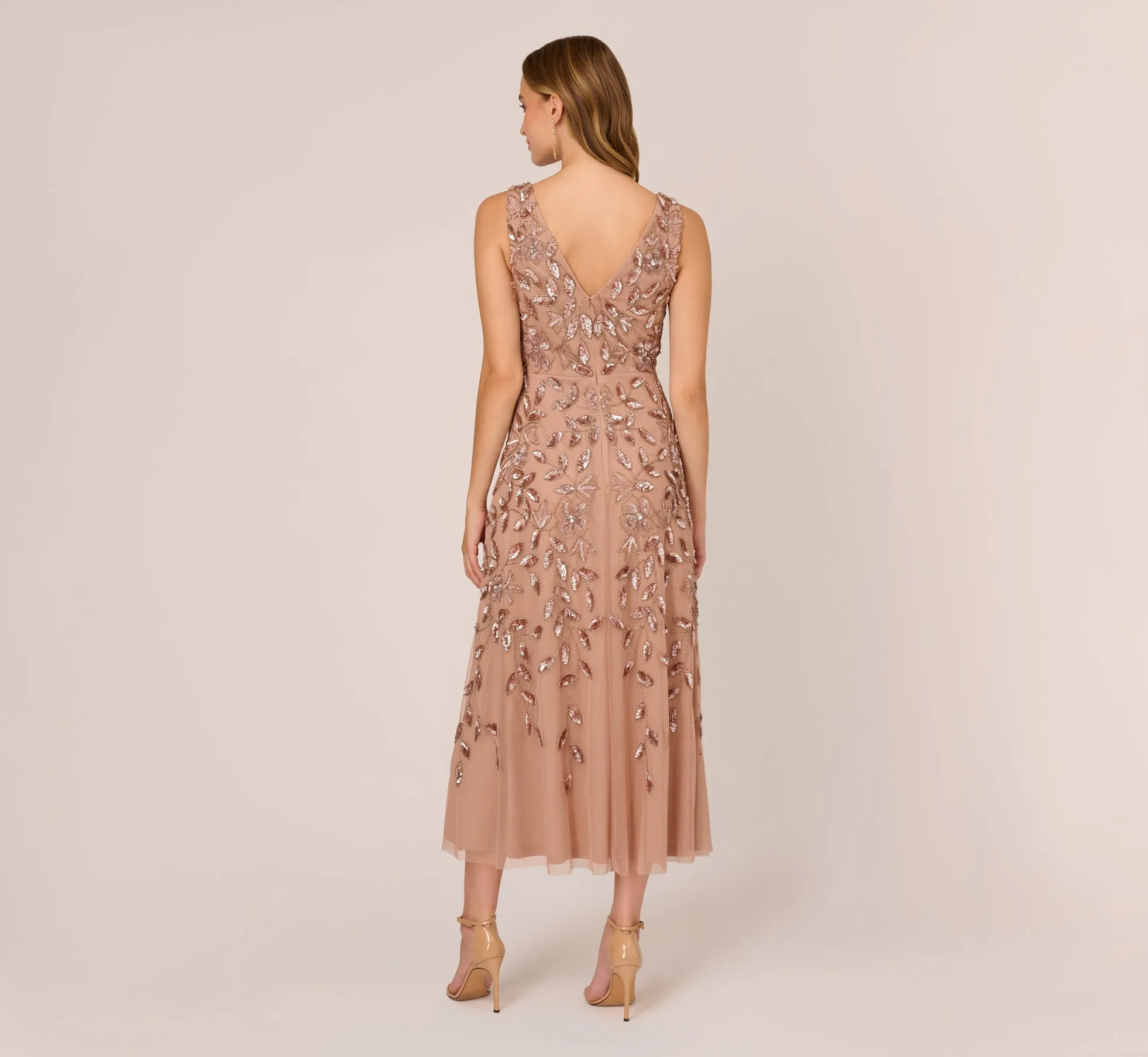 Floral Beaded Ankle Length Sleeveless Gown In Rose Gold